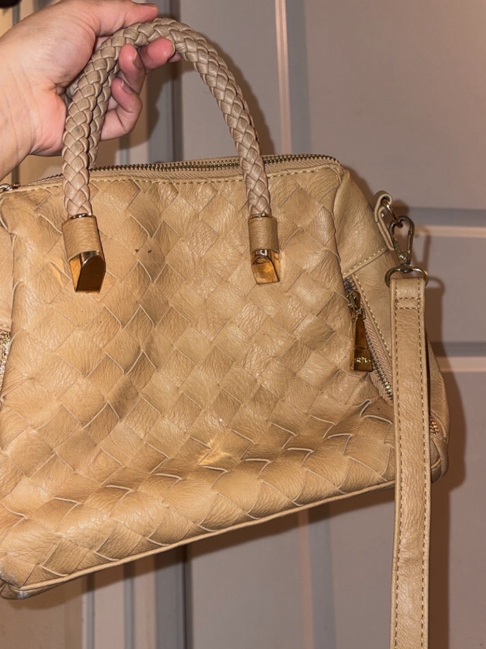 Woven Leather Satchel Handbag in Tan